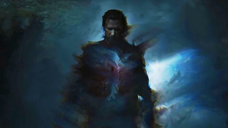 A painted rendering of Alan Wake standing somewhere very dark. Brush strokes sweep away from his body, creating the impression he's physically blurring into his surroundings.