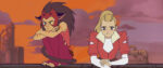 A still from Netflix's reboot of She-Ra showing Catra and Adora being moody on a bridge at sunset.