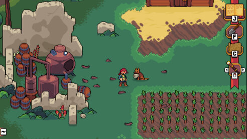 A screenshot from Bilkins' Folly with a crumbling old building on the left outfitted with a still and barrels, a young person in the center hanging out with a dog with a human skull in his mouth, and a well tended field full of root vegetables below