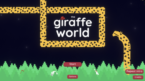 The title screen for The Giraffe World, with the giraffe in the bottom left and her long neck winding all around the screen with a little hat on the word Giraffe