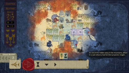 A screenshot from Howl, with a stylized grid over an illustration of trees and field and wolves and the hooded player