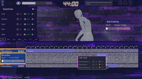 A screenshot from the game Life Eater, looking like video editing software with a static frame, calendars, numbers for cleaning socializing and more, and bars at the bottom timing out how the victim spends their time