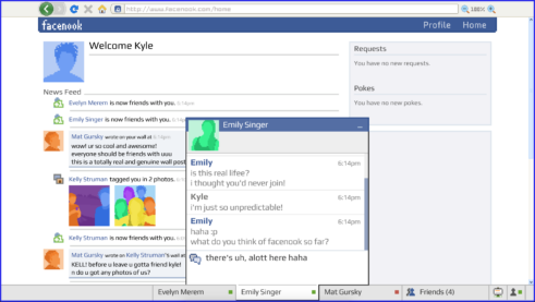 A screenshot from Emily is Away Heart Emoji featuring a news feed with some posts but also a chat window where Emily and Kyle are talking about how crazy face nook is
