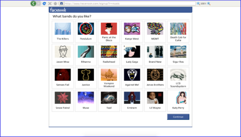 A screenshot of Emily is Away Heart Emoji with a screen full of bands asking the user to pick their favs