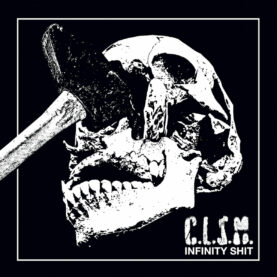 The cover for L. S. M.'s Infinity Shit shows a grainy black-and-white graphic of a hammer smashing into the face of a skull.