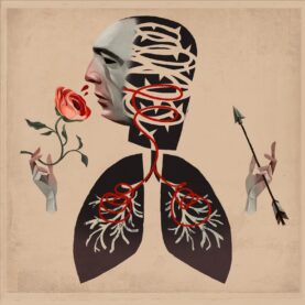 The cover art for Hot Water Music's Vows shows a stylized interpretation of a man smelling a rose while holding a single arrow, the pathways from his nose to his lungs illustrated with a bright red line.