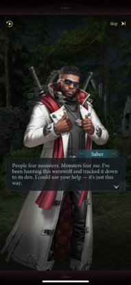 A dashing Black vampire (hunter?) presents himself as a possible date for the player character in Game of Vampires: Twilight Sun. His name is shown as Saber and he's been palette swapped just enough to avoid the IP infringement of a character whose name starts with "B" and ends with a "lade."