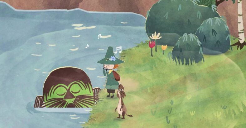 Snufkin and a little squirrel friend have a chat with a giant mustachioed character peering out of a lake.