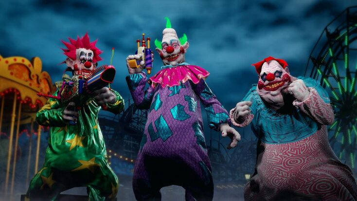 Three of the titular clowns from Killer Klowns from Outer Space, grinning maniacally and holding Nerf guns (or are they Nerf guns??).