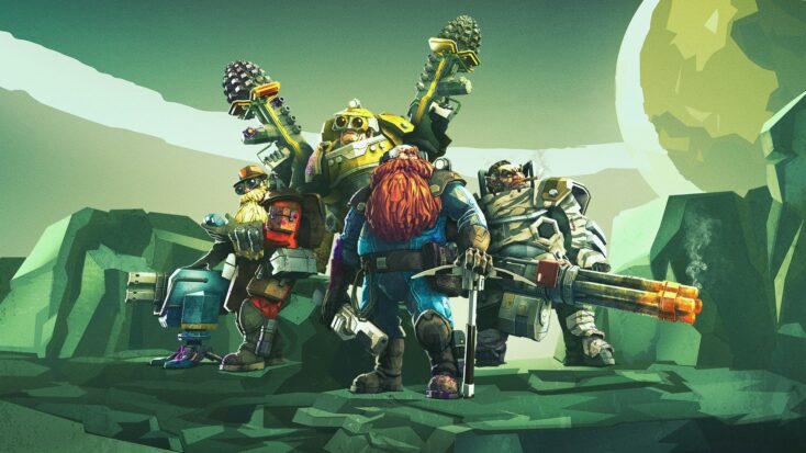 A screenshot from Deep Rock Galactic shows a group of space miners ready to crack open some space rock.