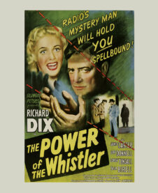 The poster for The Power of Whistler, a painting with lots of hand lettering, a blond woman screaming, a man with a mysterious gaze, and some cops