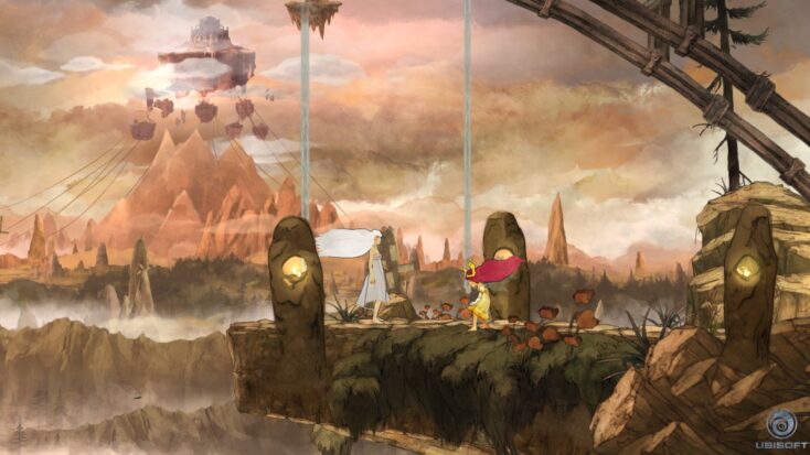 A screenshot from Child of Light shows Aurora talking with a long-haired woman in white as a castle floats in the sky behind them.
