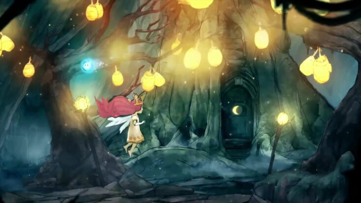 Aurora approaches a moon-carved door in a dark wood, her path illuminated by several hanging lanterns.