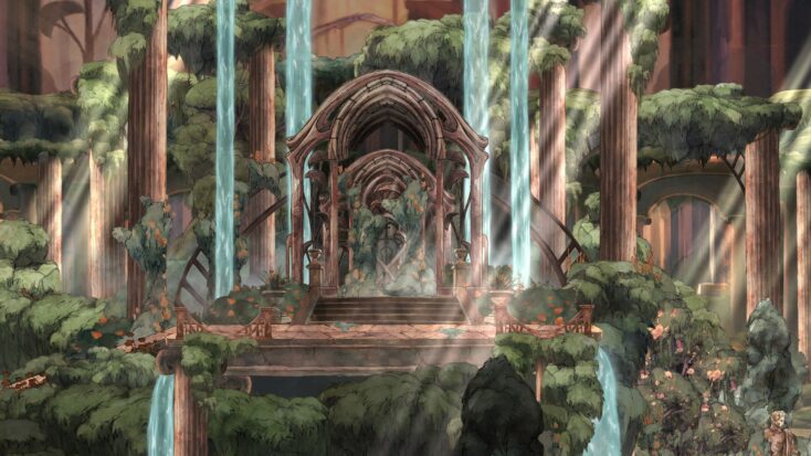 A scene from Child of Light shows a stone door set in a beautiful glade, sunbeams shining on the steps and waterfalls cascading down behind it.