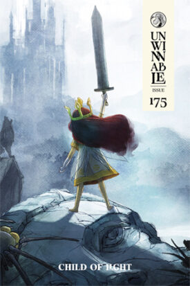 The cover of Unwinnable Monthly #175 shows artwork from Child of Light showing main character Aurora raising a sword triumphantly while standing on a rock outcropping.