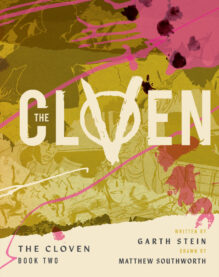 The Coven Book 2 Cover, with the title in the center and illustrations behind it of characters with a gun, reading a note, listening to something mournfully, and the authors names on the bottom, Garth Stein and Matthew Southworth