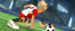 A screenshot from Victory Road with a soccer player preparing for a big kick past a player on the opposite team that's fallen down