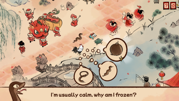 The rooster, a serpent, a turtle and a small child are gathered at the edge of a plaza where several dancers are dancing in a dragon costume. The serpent is asking, "I'm usually calm, why am I frozen?"