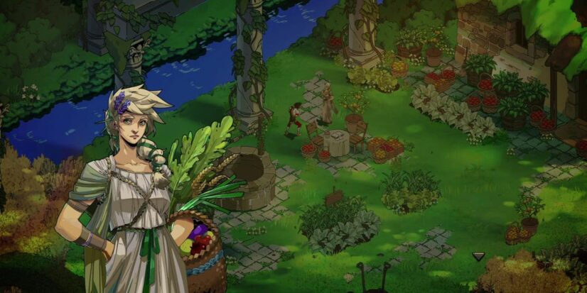 Persephone holds a bounty of fresh vegetables and herbs as she stands in front of a map of a verdant greenspace in the underworld.