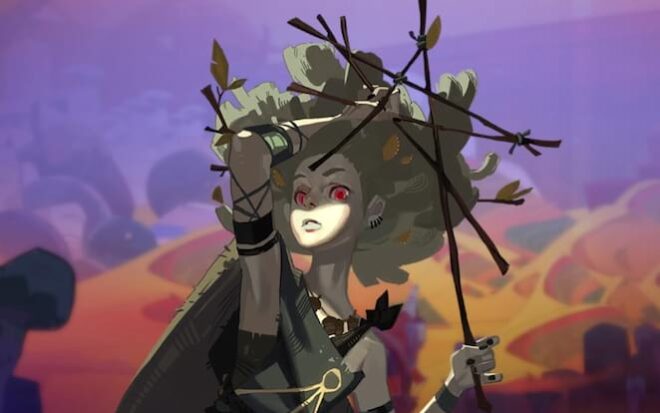 The Vagabond from Pyre appears to be a petite young woman with red eyes and gray skin and hair. She wears dark clothing and wields a pentacle of sticks, however her face looks open and innocent.