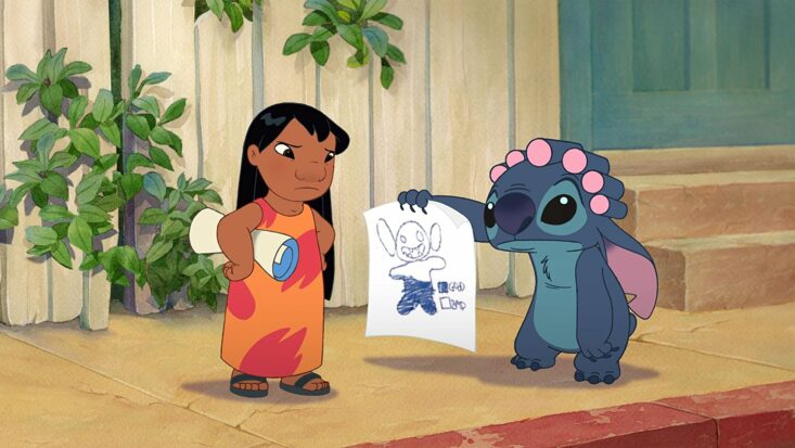 Stitch shows Lilo an outlined drawing of himself. Half of it is colored in, indicating "good" according to a key he's made to the side, and half of the drawing is empty, indicating "bad."