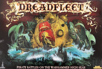 The box cover for Dreadfleet, with a large golden sundial, a black sailed skeleton ship, a red-sailed kingly fessel, and giant sea creatures spewing water