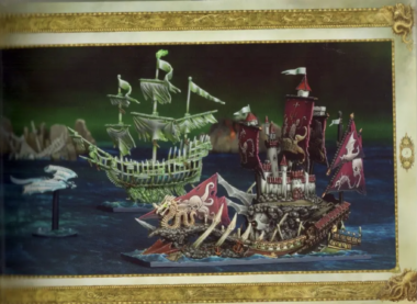 A page from the rulebook of Dreadfleet with a picture of some of the boat minis, a skeleton boat with a dragon skeleton on the front and a castle in back, and a ghostly green ship behind it