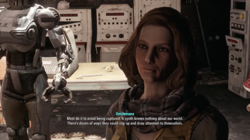 a screenshot from Fallout 4 with Desdemona from the Railroad and an older metal synth model behind her. The text of Desdemona's words reads: Most do it to avoid being captured. A synth knows nothing about our world. There's dozen of ways they could slip up and draw attention to themselves. 