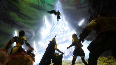 A screenshot from the trailer for Final Fantasy VII Rebirth with a party of heroes facing Sephiroth in his one winged angel form with chaotic skies and a glowing blue structure behind him