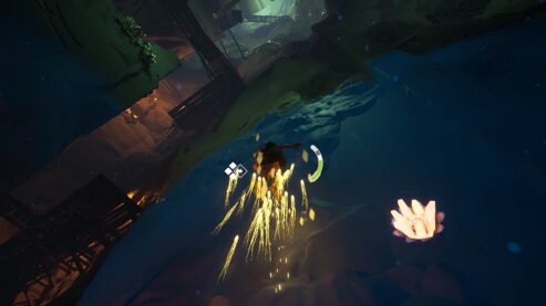 A screenshot from Jusant where we are looking up from below the character into a never ending space above to climb while sparks shoot around