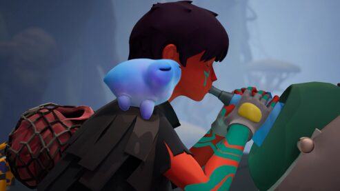 A screenshot from Jusant in a moment of peace, showing a moment of peace for the main character taking a sip of water while their companion has a restful gaze on their small blue face
