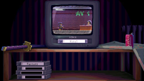 The state select screen from Katana Zero, which is the image of an old CRT television on a shelf with a sword and pizza box, with some VHS tapes listed Hotel, Factory, and others that are redacted