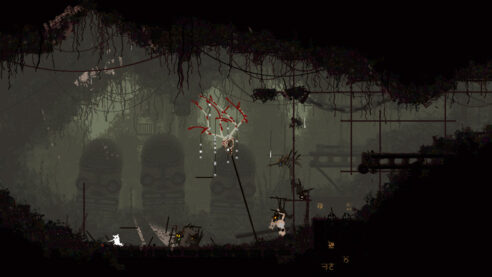 A screenshot from Rain World with a large bloody skull on a pole and some black bug like creatures chasing a white slugcat through a mess of wires and junk