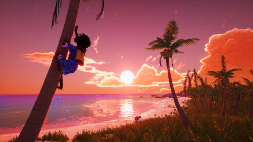 A screenshot from Tchia during a pink and orange hued sunset on a beach while a young child climbs a palm tree