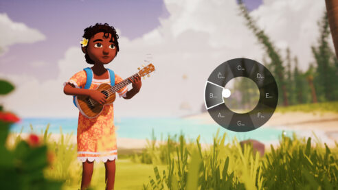 A screenshot from Tchia with a young woman standing in a green field by a river while holding a ukele and a chord circle on the right