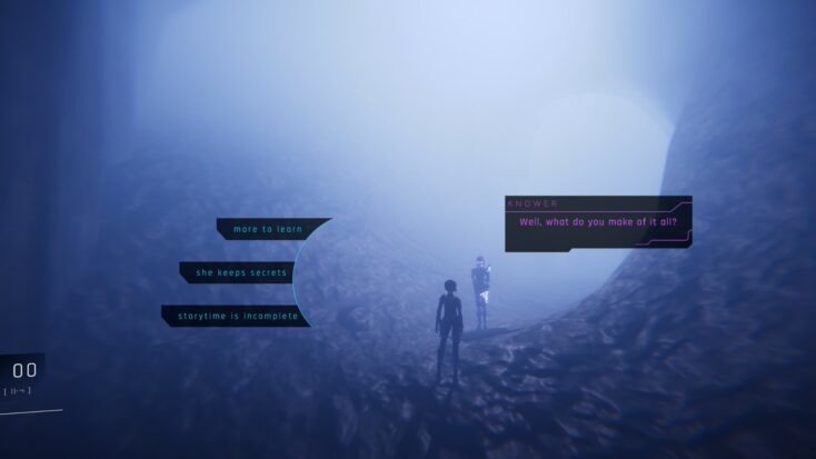 A screenshot from 1000xRESIST shows two figures in conversation in a huge, mist-filled cavern.