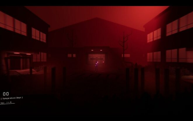 A screenshot from 1000xRESIST shows an ominously utilitarian building engulfed in an eerie haze.
