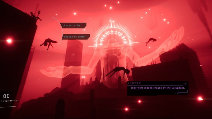 A screenshot from 1000xRESIST shows three small figures floating in a reddened sky while a large translucent figure hovers in the center, head haloed with an odd light and arms outstretched.
