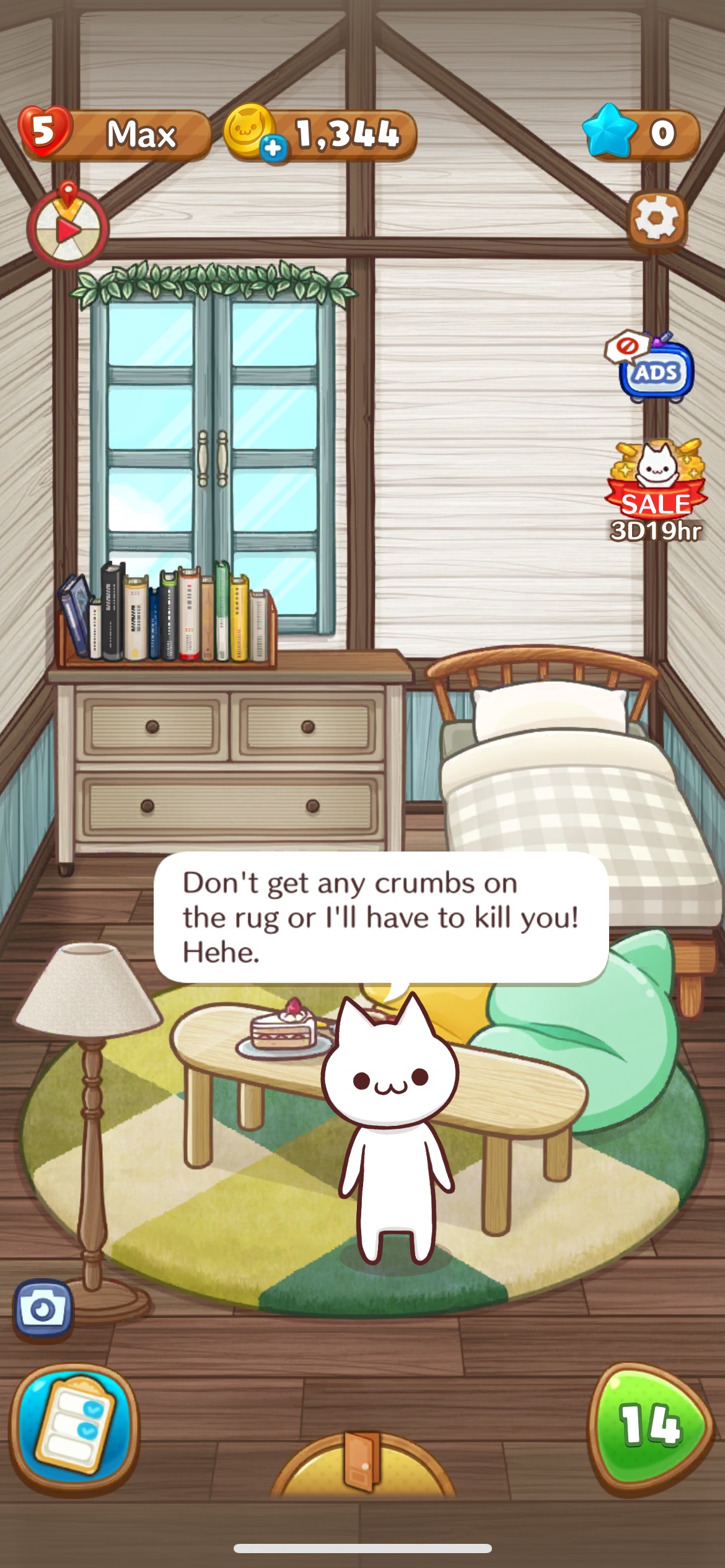 Purrcy stands in his well-appointed bedroom looking adorable. A word bubble reveals he's saying, "Don't get any crumbs on the rug or I'll have to kill you! Hehe."