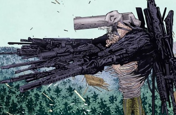 The Gun Devil, a kaiju made almost entirely of guns, right down to a barrel-nosed snout, points its many-chambered arms at a target.