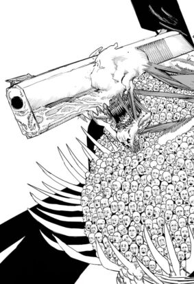 A black and white ink drawing of the kaiju Gun Devil, its angry face the barrel of a handgun and its chest made up of several hundreds of human skulls.