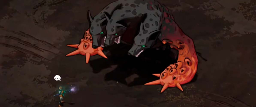 A rendering from Hades II shows the three-headed dog Kerberos snarling and a trespasser.