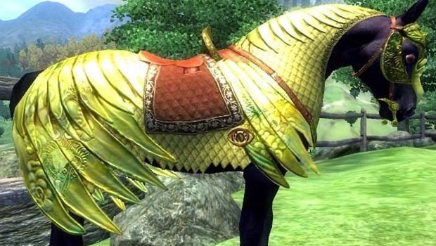 The infamous armor from the Horse Armor DLC Pack in The Elder Scrolls IV: Oblivion, shiny and golden in the electric sun.