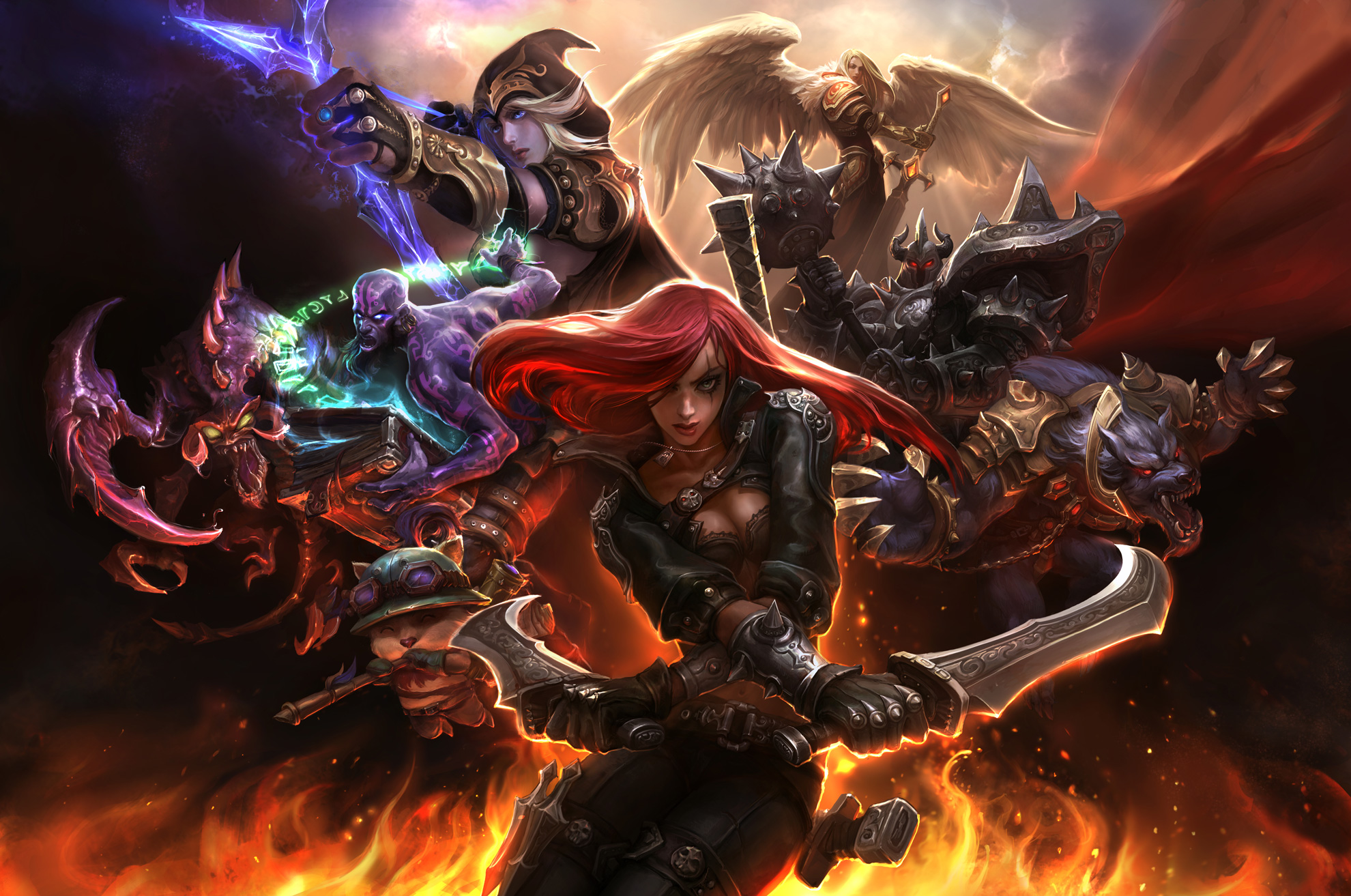 Concept art from League of Legends featuring a motley cast of characters decked out in fantasy armor and wielding an assortment of blades and other weaponry.