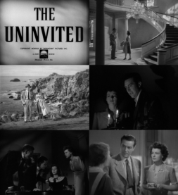 Screencaps for The Uninvited, including the title card and a few scenes with a man and woman under a chandelier, on the beach, holding candles, leaning down towards a woman intently, and having a spot of tea