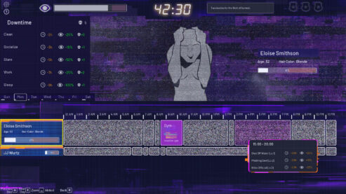 A screenshot from Life Eater with an extensive timeline of video, information about the person being surveilled, a calendar of spent time, and a grey simulacrum of a person holding their head in distress