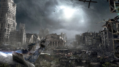 A screenshot from Metro 2033 showing a wider view of Moscow in ruins, with a cloudy sky, a crashed airplane, and buildings and streets collapsing and full of debris