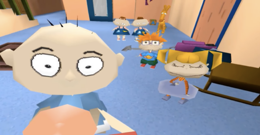 A screenshot from the opening animation for Rugrats Search for Reptar where the camera is the point of view of one of the parents who has picked up Tommy holding a bottle while the blond girl and redhead and twins stand in the background