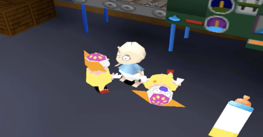 A screenshot from Rugrats Search for Reptar with polygonal Tommy facing off against two menacing clown toys in the basement with a bottle meter in the corner