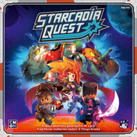 The box art for Starcadia Quest with colorful chibi space adventurers including a cat person with white fur and a gun as well as a lazer sword visor person and more